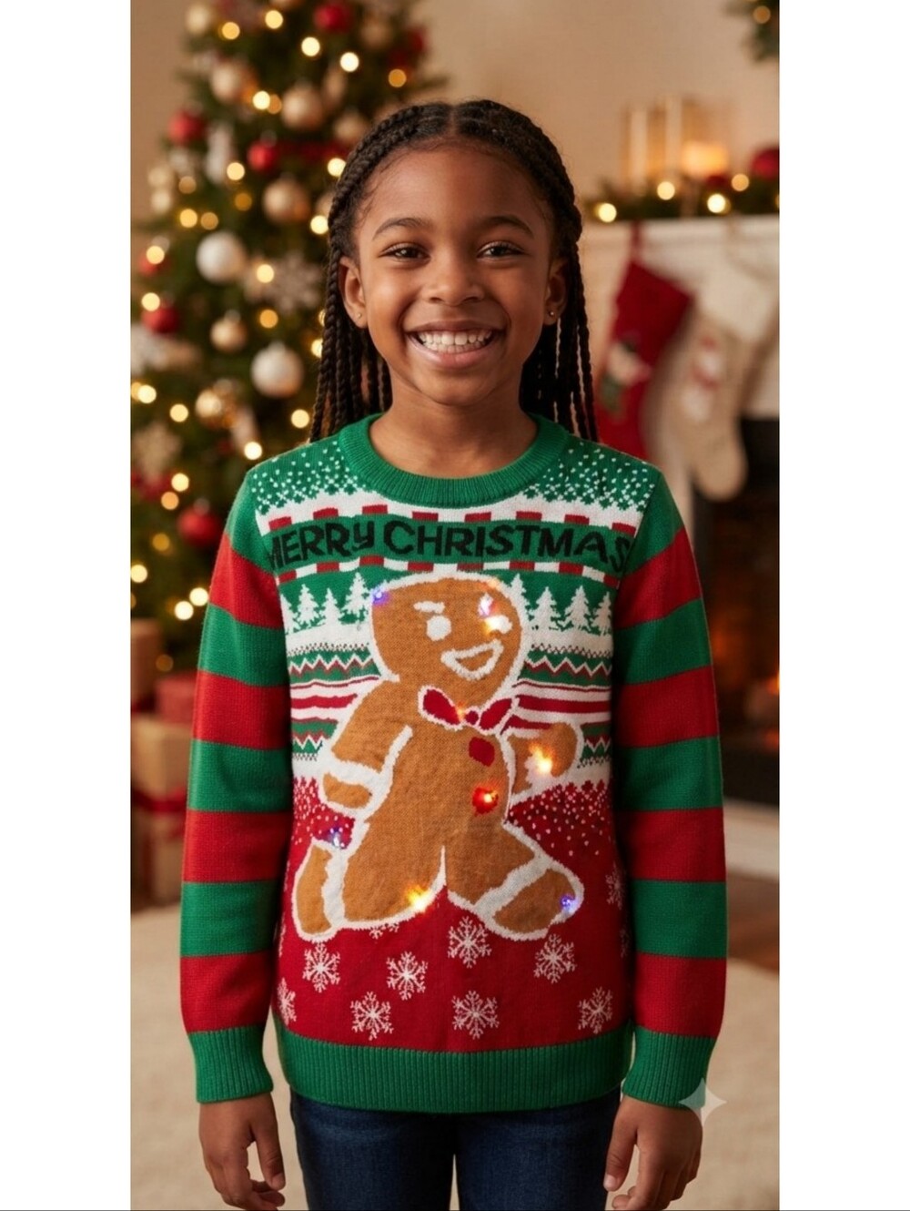Light Up Gingerbread Man Holiday Sweater Red & Green Size 7-8